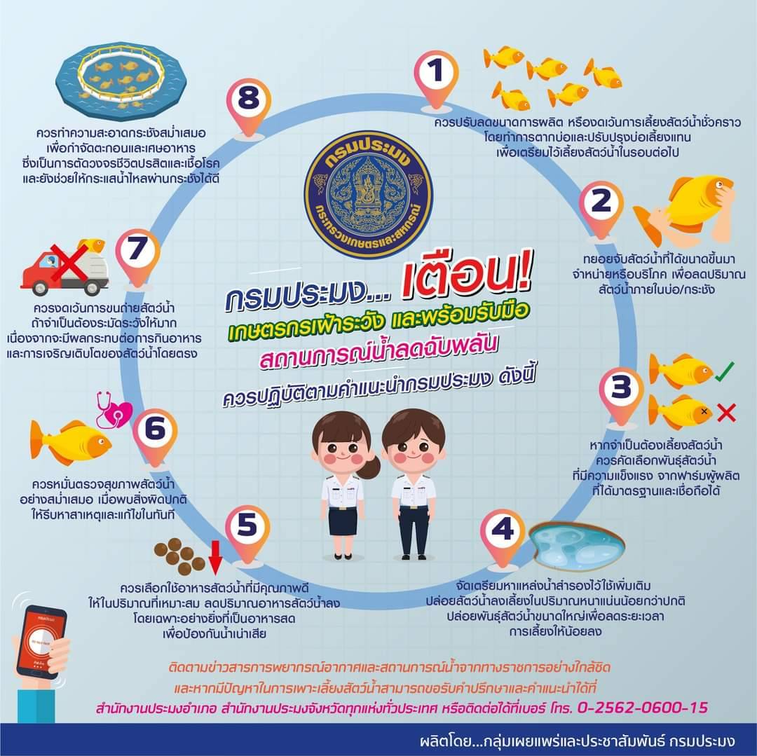 กรมประมง...เตือนเกษตรกรเฝ้าระวัง และพร้อมรับมือสถานการณ์น้ำลดฉับพลัน ควรปฏิบัติตามคำแนะนำกรมประมง 