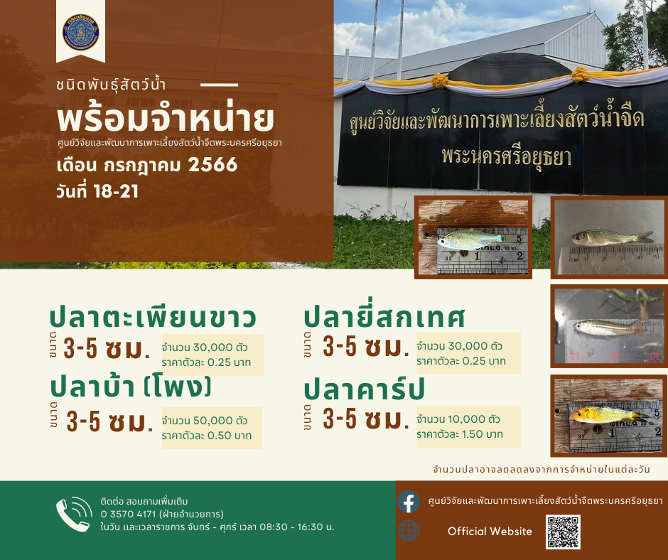 ชนิดพันธุ์สัตว์น้ำพร้อมจำหน่าย (18-21 กรกฎาคม 2566) ศพจ.พระนครศรีอยุธยา