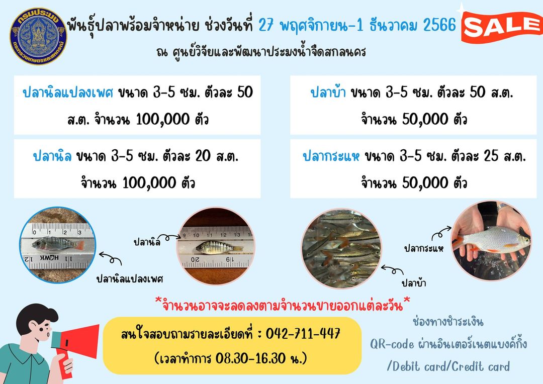 ชนิดพันธุ์สัตว์น้ำพร้อมจำหน่าย (27 พฤศจิกายน 2566 - 1 ธันวาคม 2566) ศปจ.สกลนคร