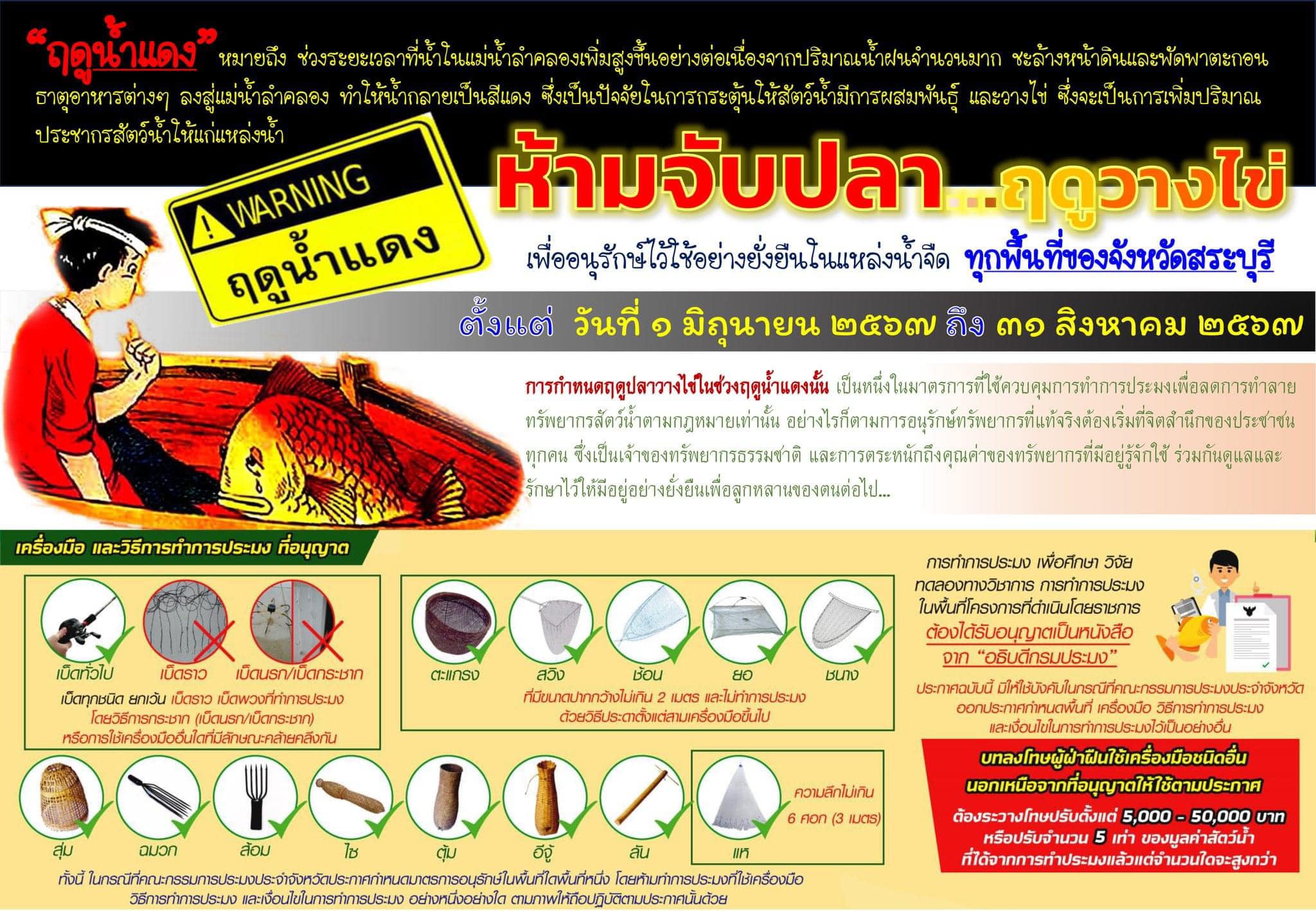 ประกาศ...ฤดูน้ำแดง จังหวัดสระบุรี เริ่มตั้งแต่วันที่ 1 มิถุนายน 2567 ถึงวันที่ 31 สิงหาคม 2567 