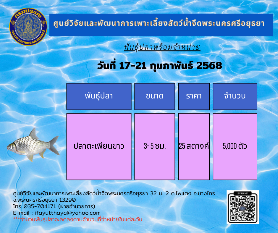 ชนิดพันธ์ุสัตว์น้ำพร้อมจำหน่าย  17-21 กุมภาพันธ์ 2568 ศพจ.พระนครศรีอยุธยา