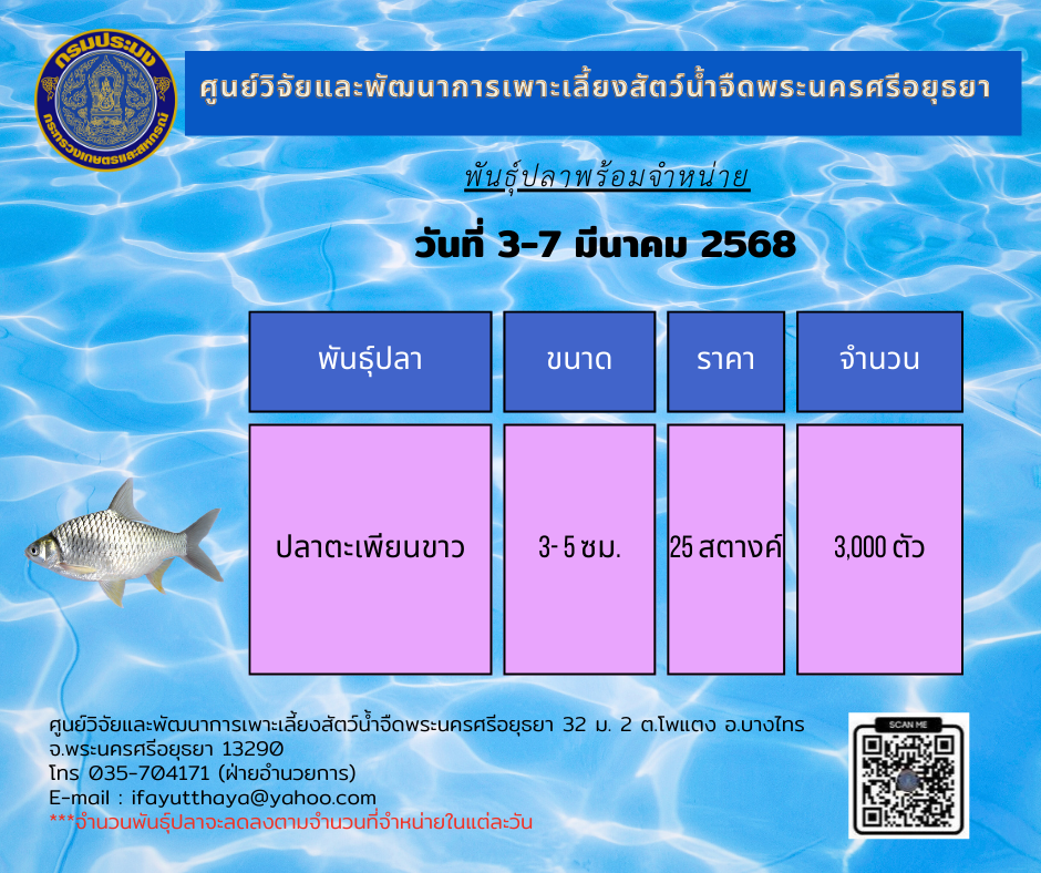 ชนิดพันธ์ุสัตว์น้ำพร้อมจำหน่าย  3-7 มีนาคม 2568 ศพจ.พระนครศรีอยุธยา