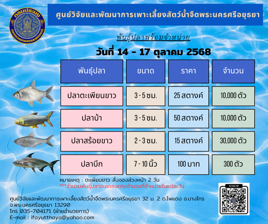 ชนิดพันธ์ุสัตว์น้ำพร้อมจำหน่าย  14 - 17 ตุลาคม 2568 ศพจ.พระนครศรีอยุธยา
