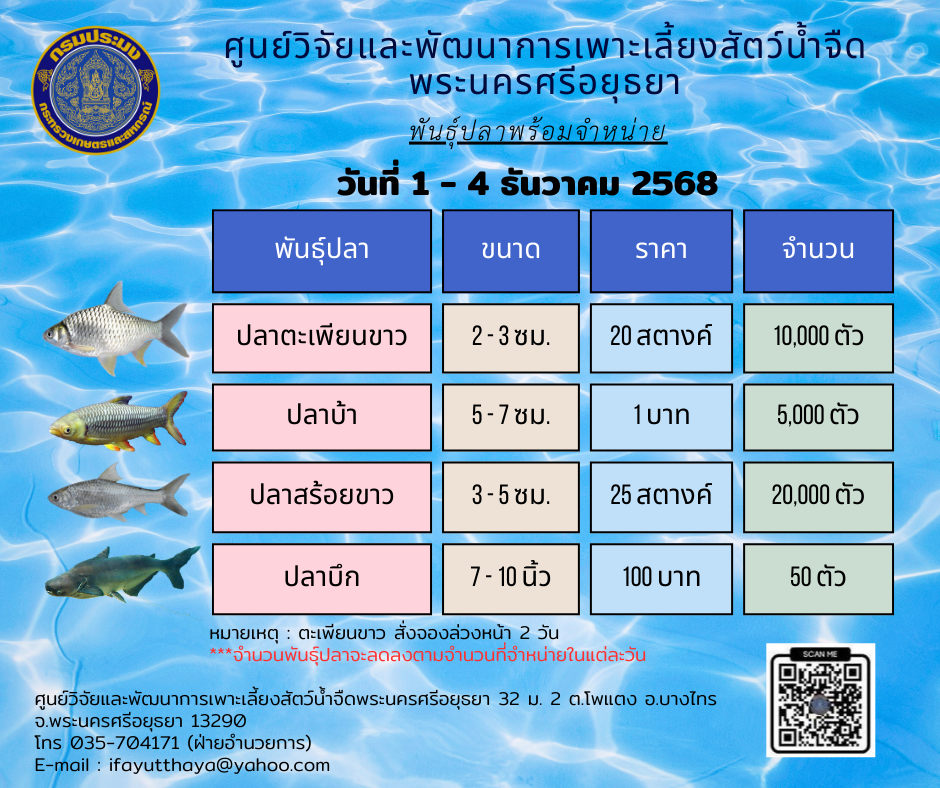 ชนิดพันธ์ุสัตว์น้ำพร้อมจำหน่าย   1 - 4 ธันวาคม 2568 ศพจ.พระนครศรีอยุธยา