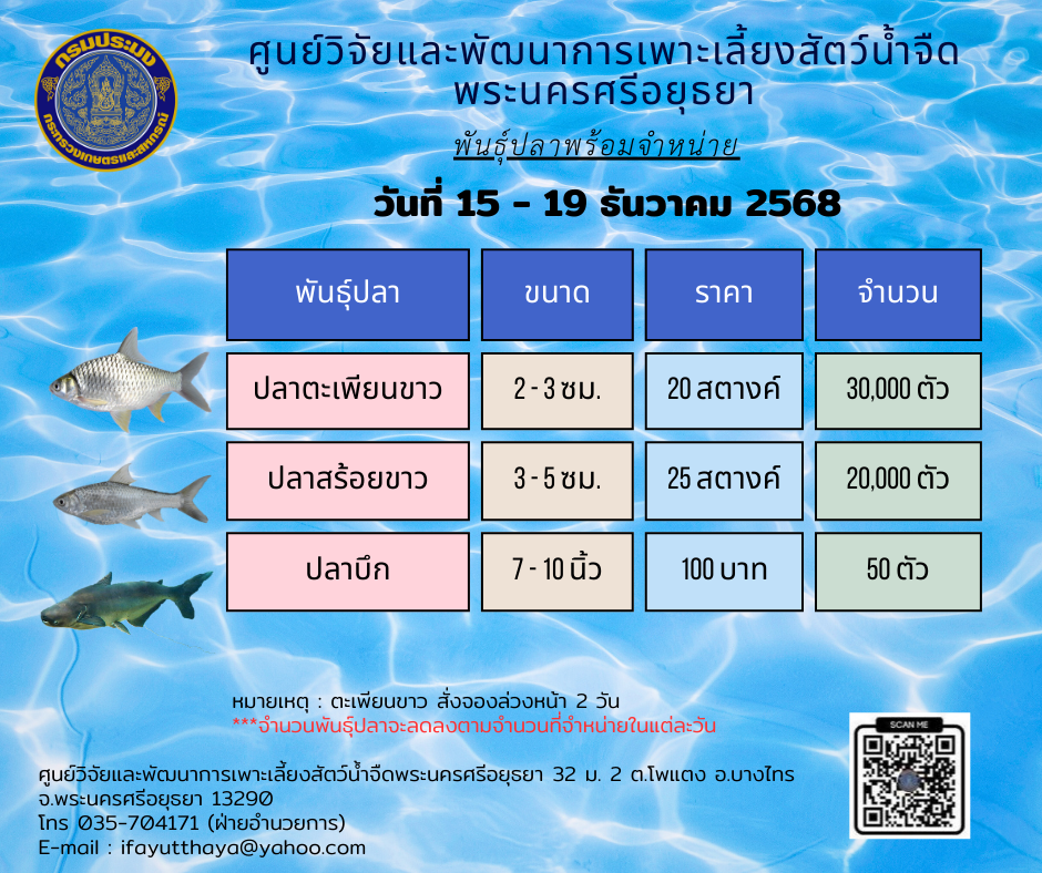 ชนิดพันธ์ุสัตว์น้ำพร้อมจำหน่าย   15 - 19 ธันวาคม 2568 ศพจ.พระนครศรีอยุธยา