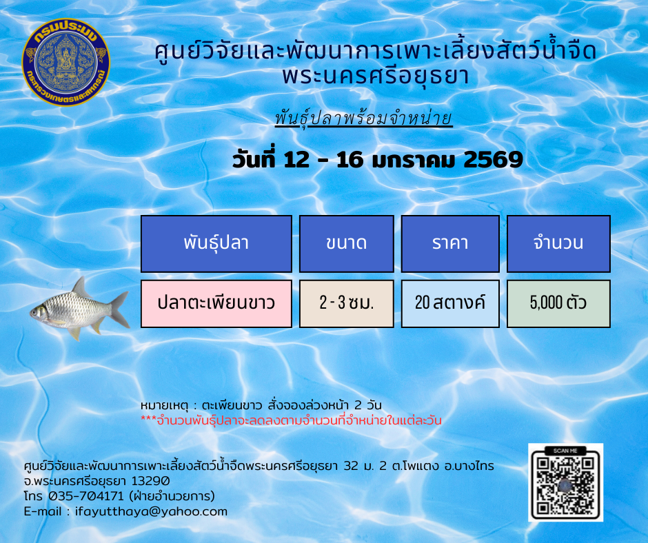 ชนิดพันธ์ุสัตว์น้ำพร้อมจำหน่าย   12 - 16 มกราคม 2569 ศพจ.พระนครศรีอยุธยา
