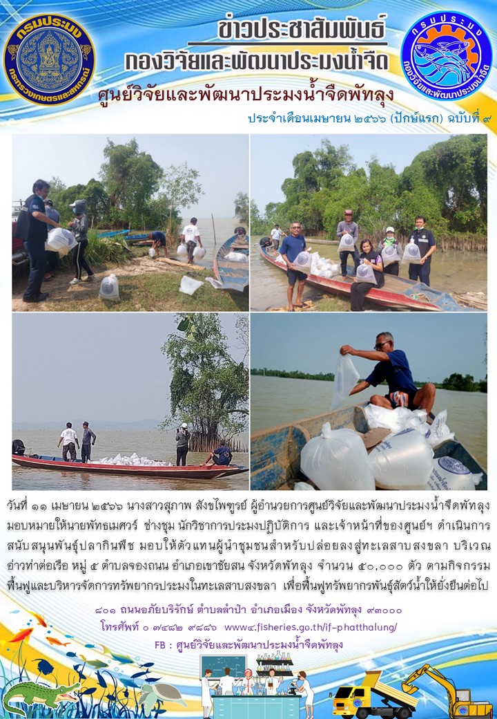 สนับสนุนพันธุ์ปลากินพืช เพื่อปล่อยลงสู่อ่าวท่าต่อเรือ อ.เขาชัยสน จ.พัทลุง..อ่านต่อ