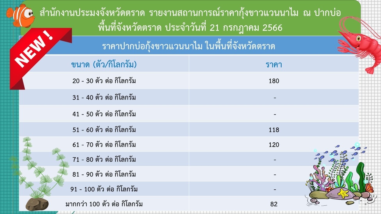 ราคากุ้งขาวแวนนาไม ณ ปากบ่อ 21 ก.ค.66..อ่านต่อ