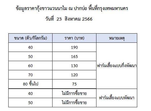 ราคากุ้งขาวแวนนาไม วันที่ 23 สิงหาคม 2566..อ่านต่อ