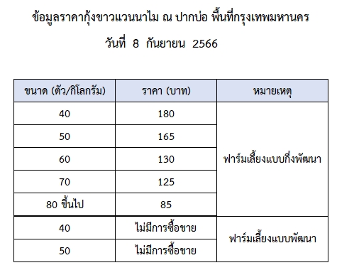 ราคากุ้งขาวแวนนาไม วันที่ 8 กันยายน 2566..อ่านต่อ