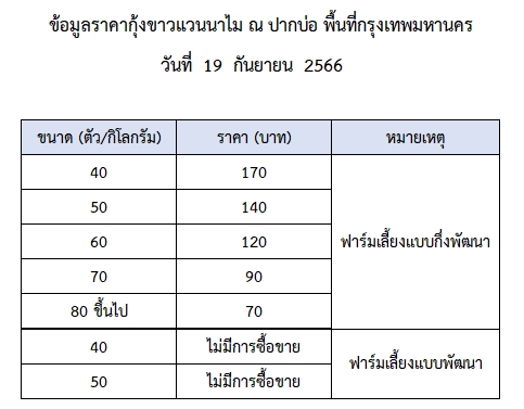 ราคากุ้งขาวแวนนาไม วันที่ 19 กันยายน 2566..อ่านต่อ