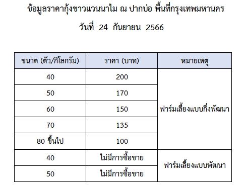 ราคากุ้งขาวแวนนาไม วันที่ 24 กันยายน 2566..อ่านต่อ