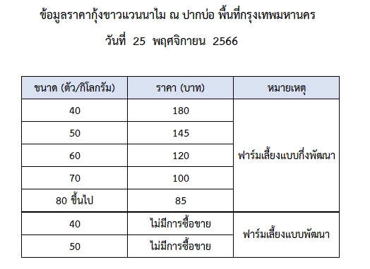 ราคากุ้งขาวแวนนาไม วันที่ 25 พฤศจิกายน 2566..อ่านต่อ