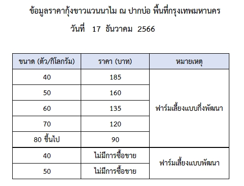 ราคากุ้งขาวแวนนาไม วันที่ 17 ธันวาคม 2566..อ่านต่อ