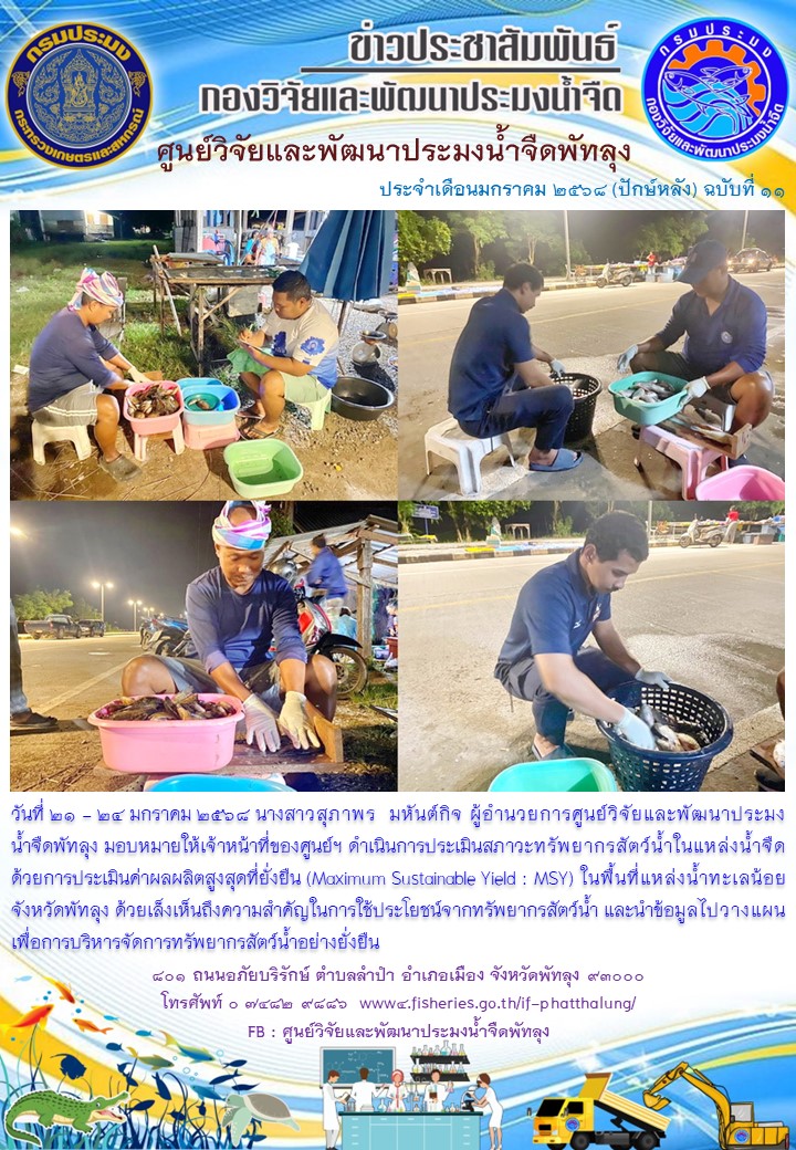 ดำเนินการประเมินสภาวะทรัพยากรสัตว์น้ำ ในพื้นที่ทะเลน้อยจังหวัดพัทลุง..อ่านต่อ