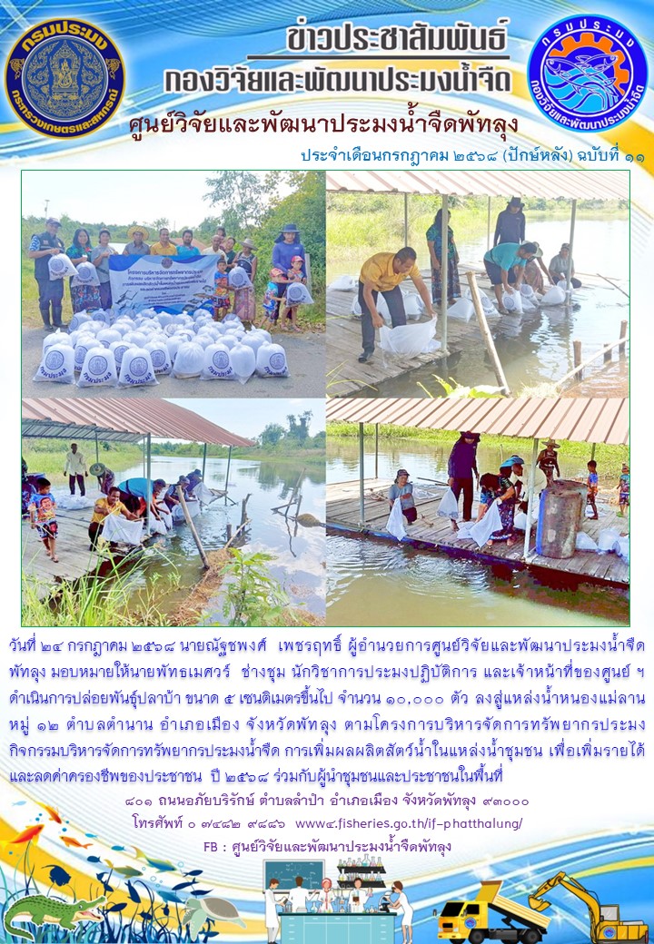 ร่วมปล่อยพันธุ์ปลา ลงสู่แหล่งน้ำหนองแม่ลาน อ.เมือง จ.พัทลุง..อ่านต่อ