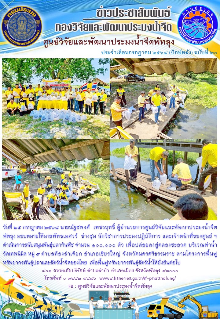 สนับสนุนพันธุ์ปลากินพืช เพื่อปล่อยลงสู่คลองชะอวด อ.เชียรใหญ่ จ.นครศรีธรรมราช..อ่านต่อ
