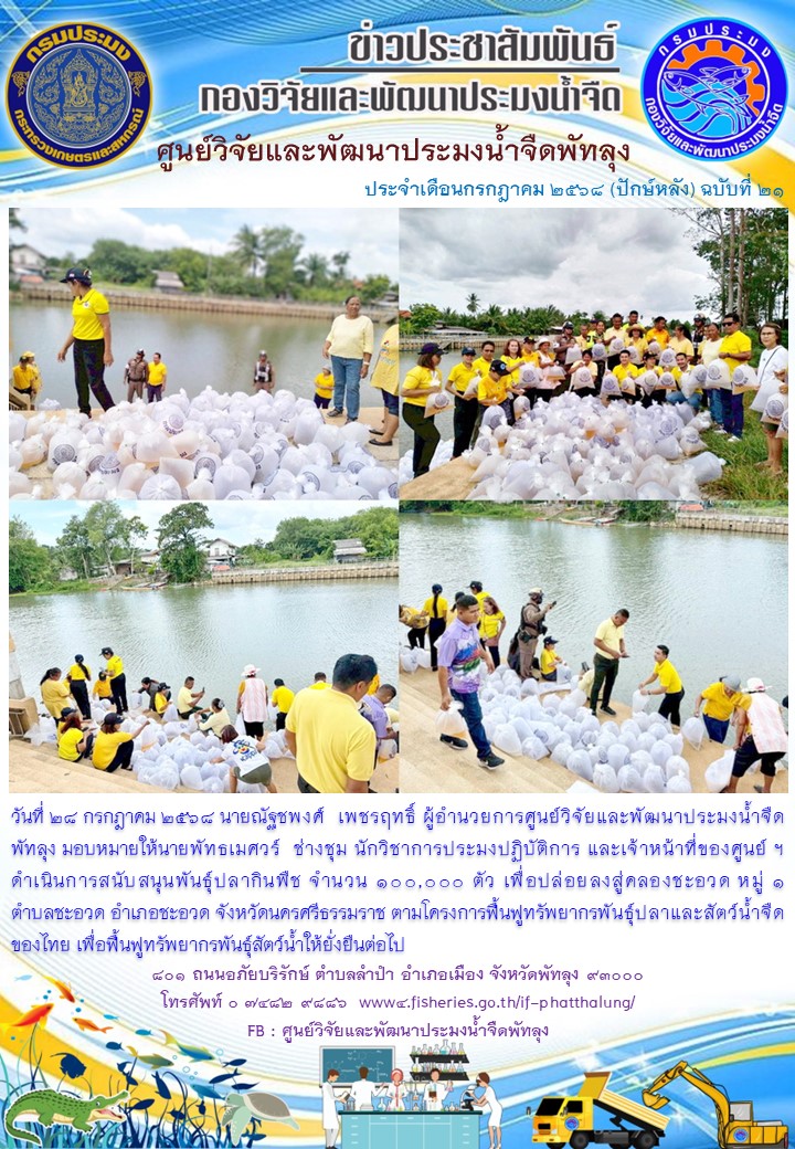 สนับสนุนพันธุ์ปลากินพืช เพื่อปล่อยลงสู่คลองชะอวด อ.ชะอวด จ.นครศรีธรรมราช..อ่านต่อ