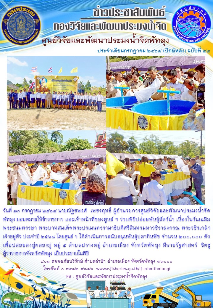 ร่วมปล่อยพันธุ์ปลากินพืช ลงสู่คลองภู่ อ.เมือง จ.พัทลุง..อ่านต่อ