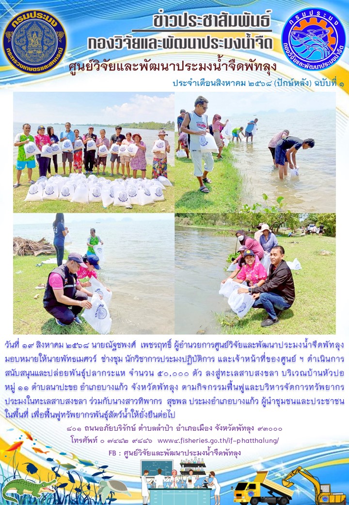 ร่วมปล่อยพันธุ์ปลากินพืช ลงสู่ทะเลสาบสงขลา อ.บางแก้ว จ.พัทลุง..อ่านต่อ