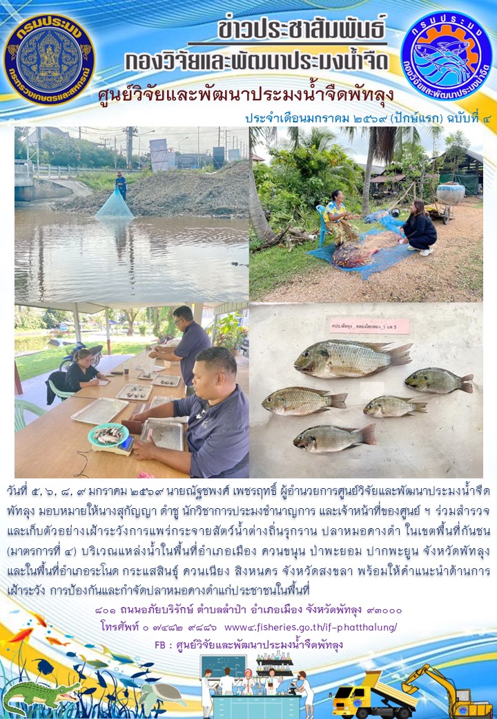 สำรวจการระบาดของปลาหมอคางดำ ในพื้นที่จังหวัดพัทลุง และจังหวัดสงขลา..อ่านต่อ