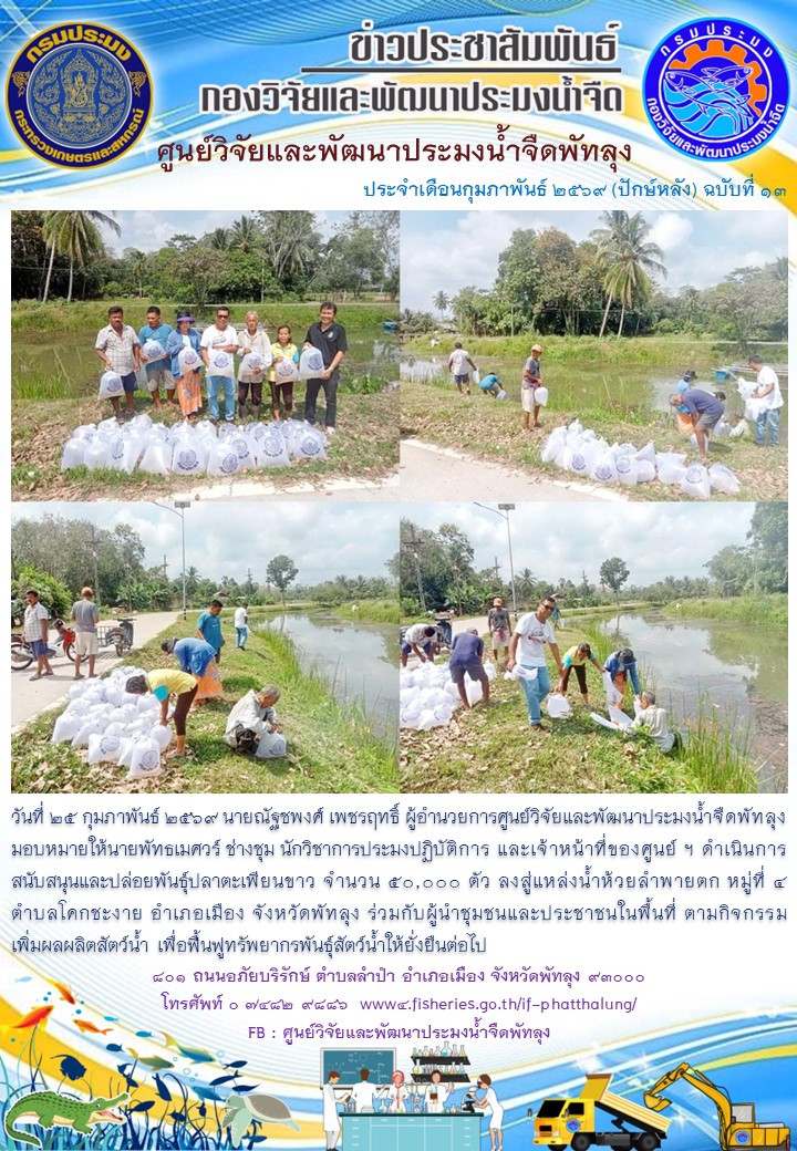 ร่วมปล่อยพันธุ์ปลากินพืช ลงสู่ห้วยลำพาย อ.เมือง จ.พัทลุง..อ่านต่อ