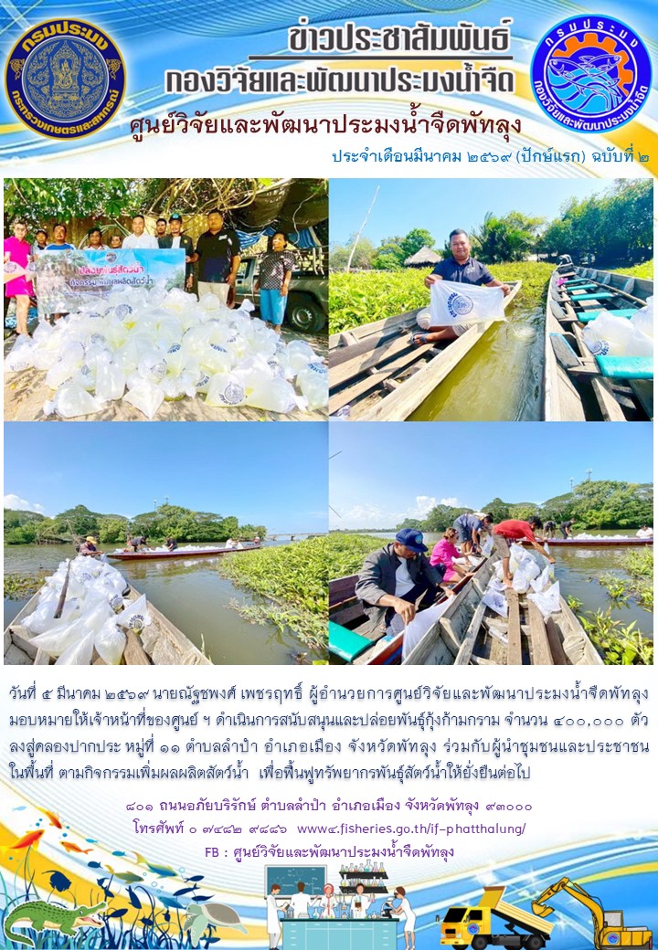 ร่วมปล่อยพันธุ์กุ้งก้ามกราม ลงสู่คลองปากประ อ.เมือง จ.พัทลุง..อ่านต่อ