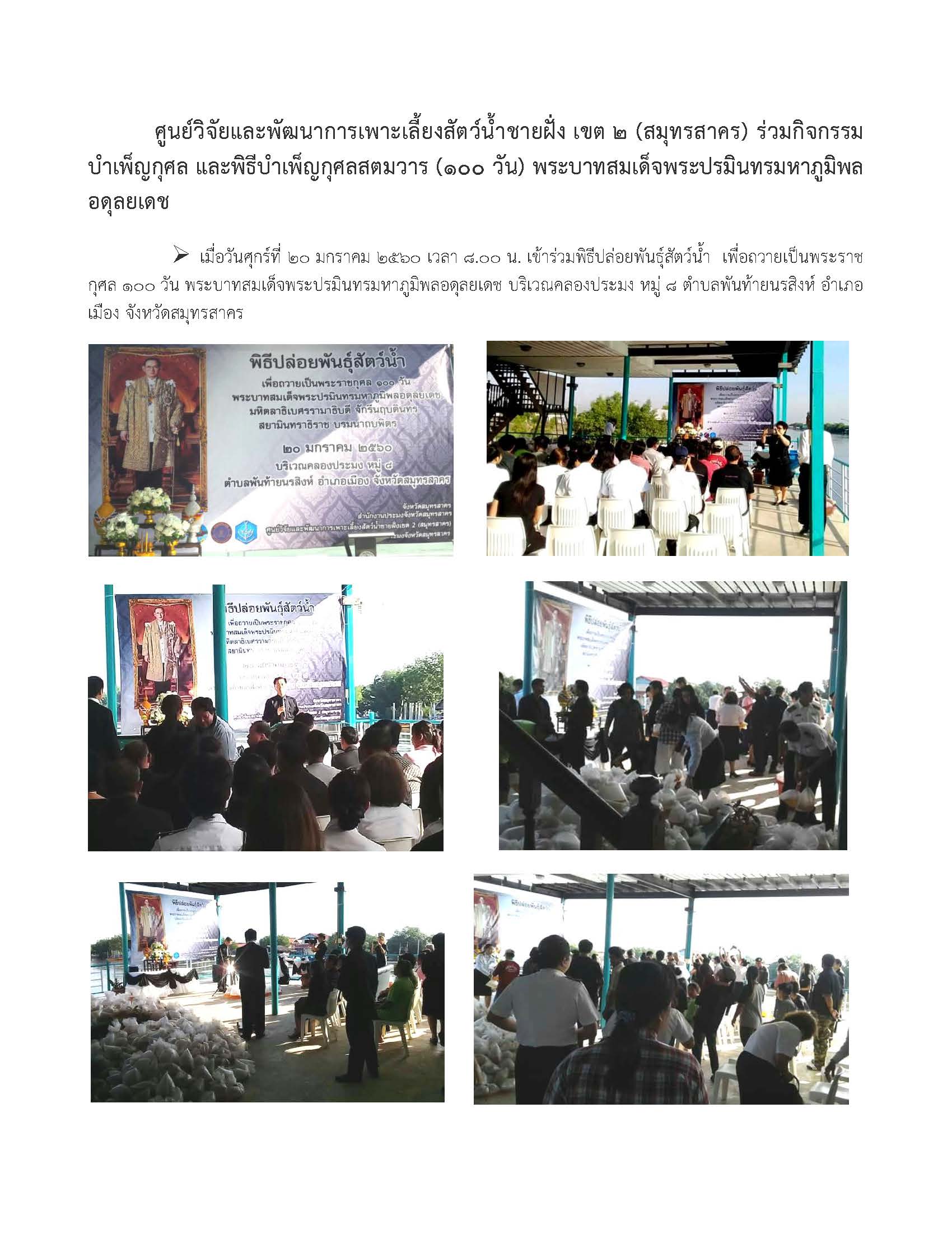 ศูนย์วิจัยและพัฒนาการเพาะเลี้ยงสัตว์น้ำชายฝั่ง เขต 2 (สมุทรสาคร) ร่วมกิจกรรมบำเพ็ญกุศล และพิธีบำเพ็ญกุศลสตมวาร (100 วัน) พระบาทสมเด็จพระปรมินทรมหาภูมิพล อดุลยเดช..คลิก
