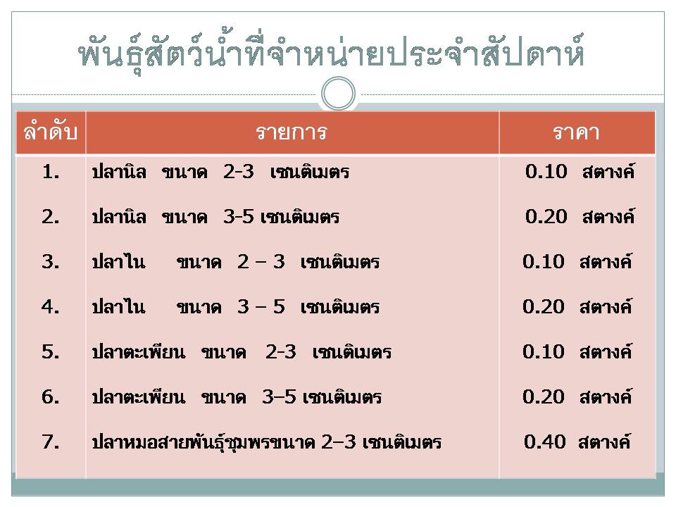 พันธุ์ปลาที่จำหน่าย ประจำสัปดาห์ 13 มีนาคม 2560..คลิก