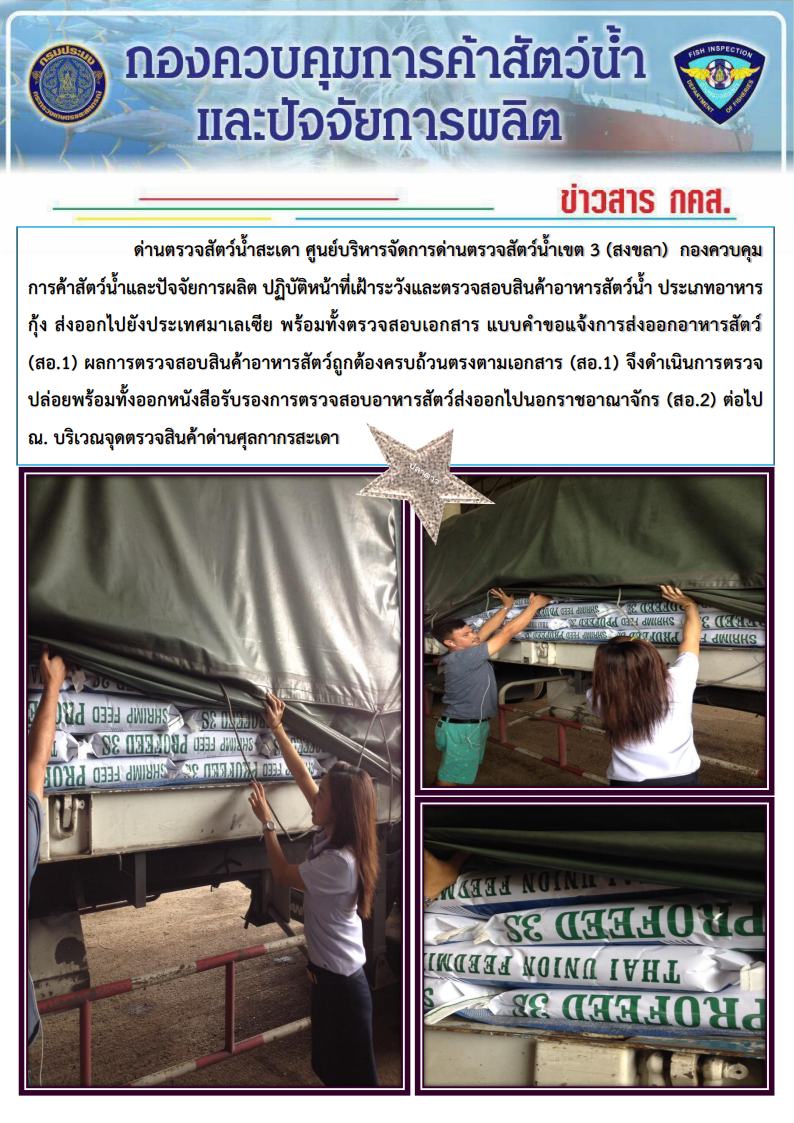 ข่าวสาร กคส. ประจำวันอังคารที่ 20 มิถุนายน 2560 เจ้าหน้าที่ด่านฯสะเดา ตรวจสอบสินค้าอาหารสัตว์ (อาหารกุ้ง)..คลิก