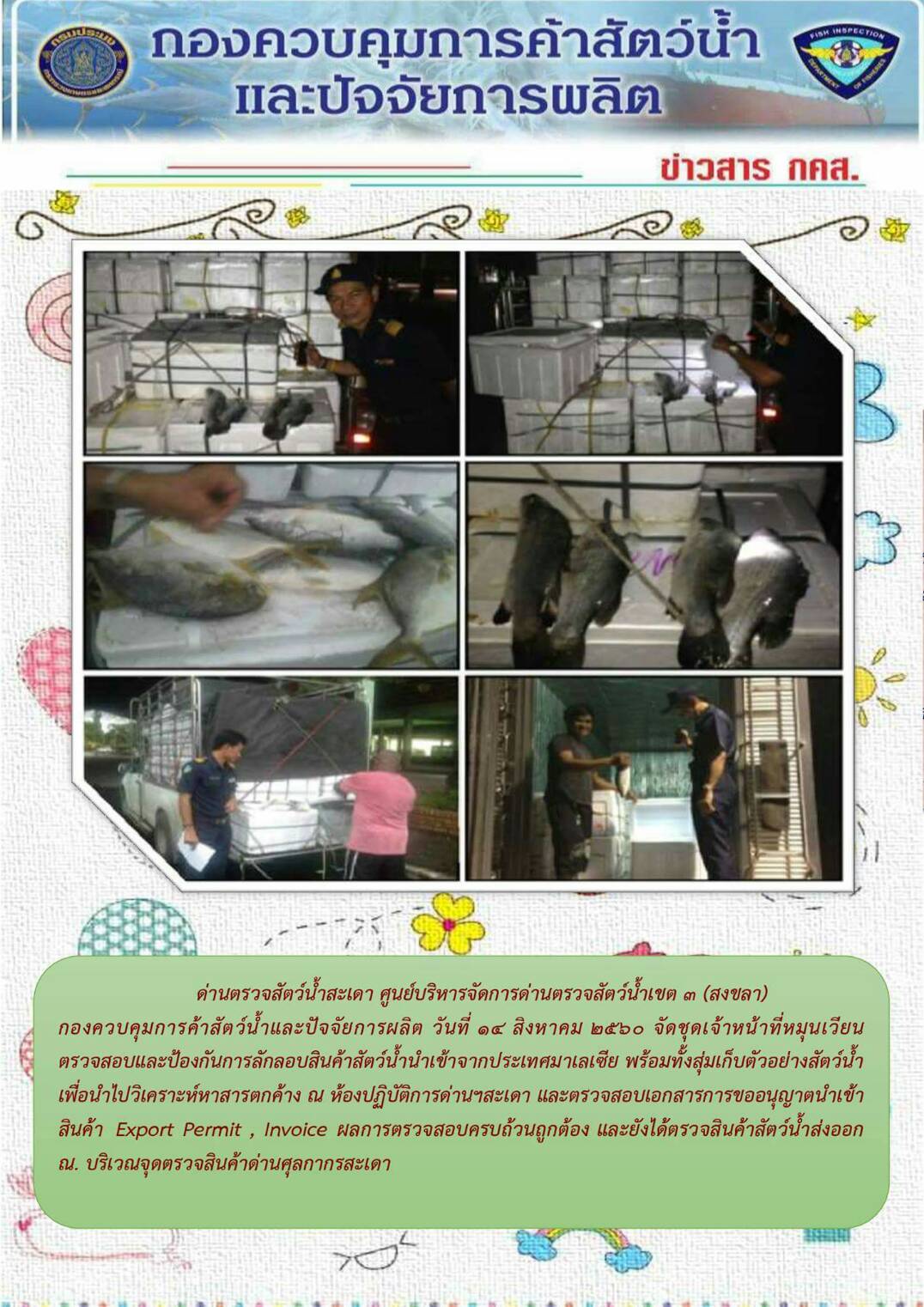 เจ้าหน้าที่ตรวจสอบสินค้าสัตว์น้ำนำเข้า-ส่งออก ณ บริเวณจุดตรวจสินค้า ด่านศุลกากรสะเดา