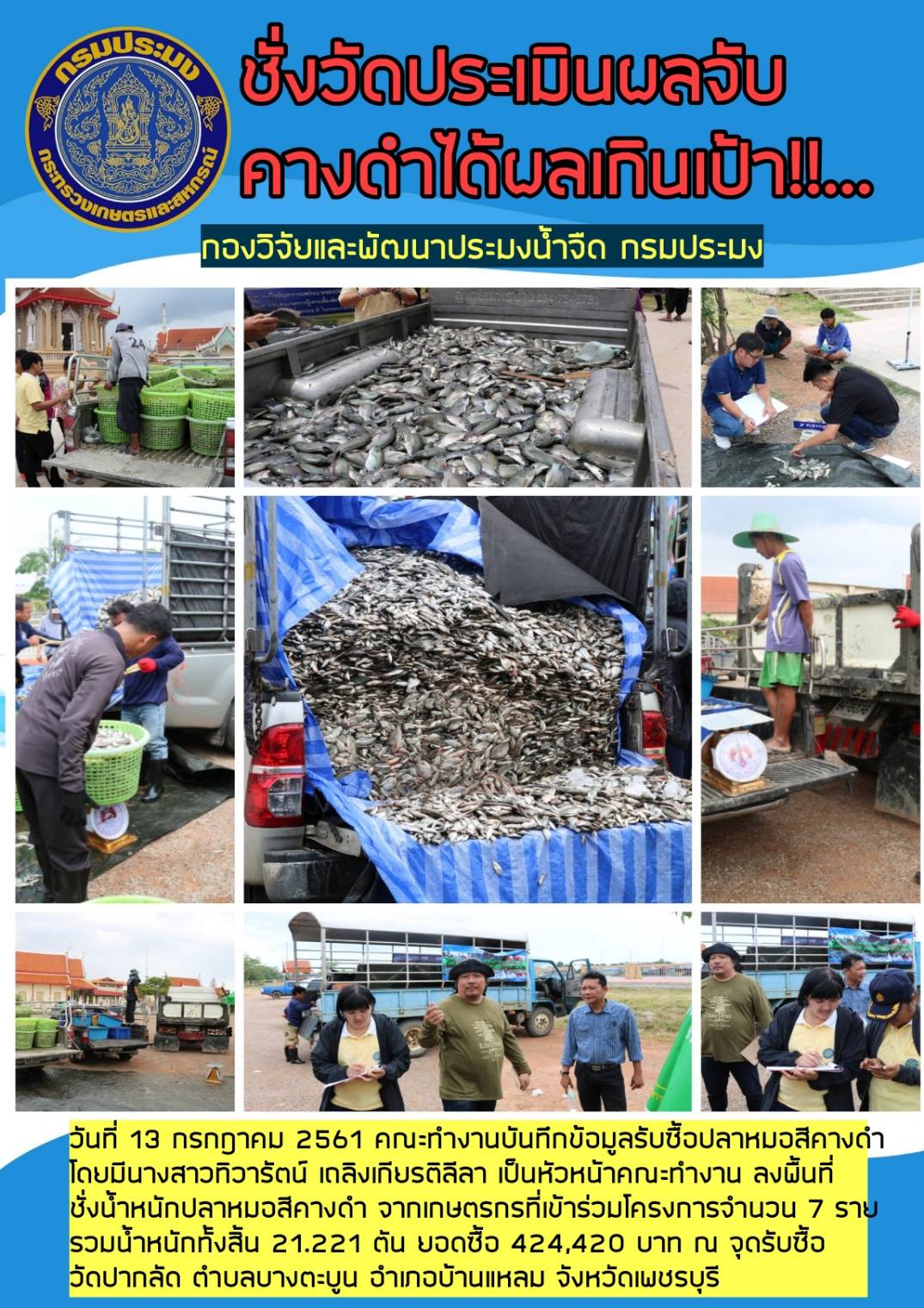 วันที่ 13 กรกฎาคม 2561 คณะทำงานบันทึกข้อมูลรับซื้อปลาหมอสีคางดำโดยมีนางสาวทิวารัตน์ เถลิงเกียรติลีลา เป็นหัวหน้าคณะทำงาน..คลิก