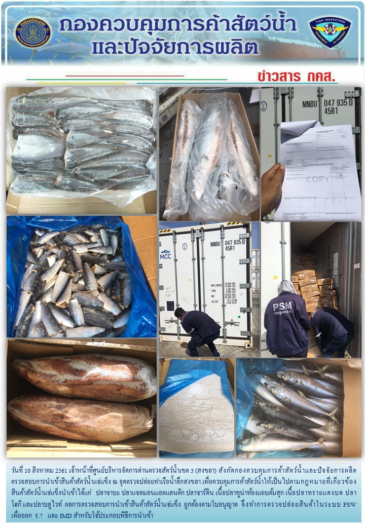 เจ้าหน้าที่ศูนย์บริหารจัดการด่านตรวจสัตว์น้ำเขต 3 (สงขลา) สังกัดกองควบคุมการค้าสัตว์น้ำและปัจจัยการผลิต ตรวจสอบการนำเข้าสินค้าสัตว์น้ำประเภทตู้คอนเทนเนอร์ ณ จุดตรวจปล่อยท่าเรือน้ำลึกสงขลา..คลิก