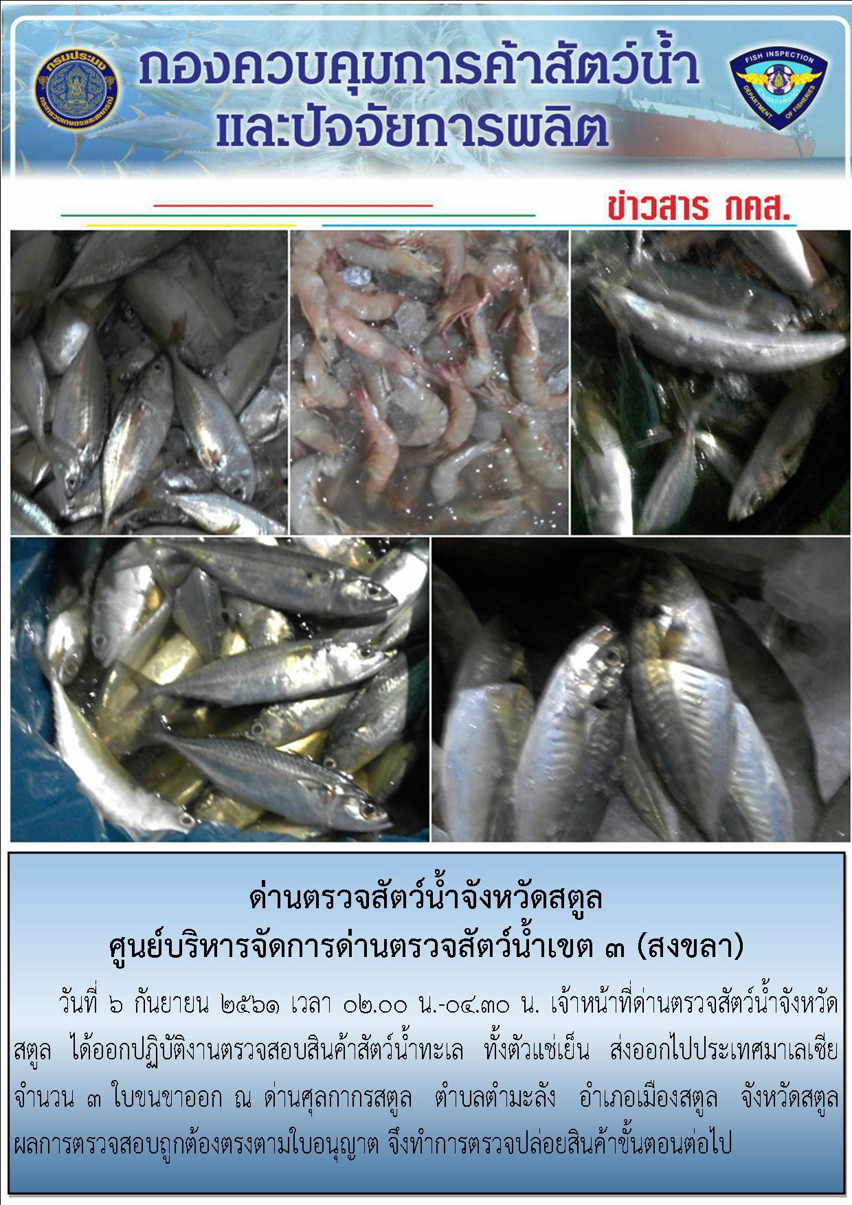ประชาสัมพันธ์การปฏิบัติงานด่านตรวจสัตว์น้ำจังหวัดสตูล ประจำวันที่ 6 กันยายน  2561..คลิก