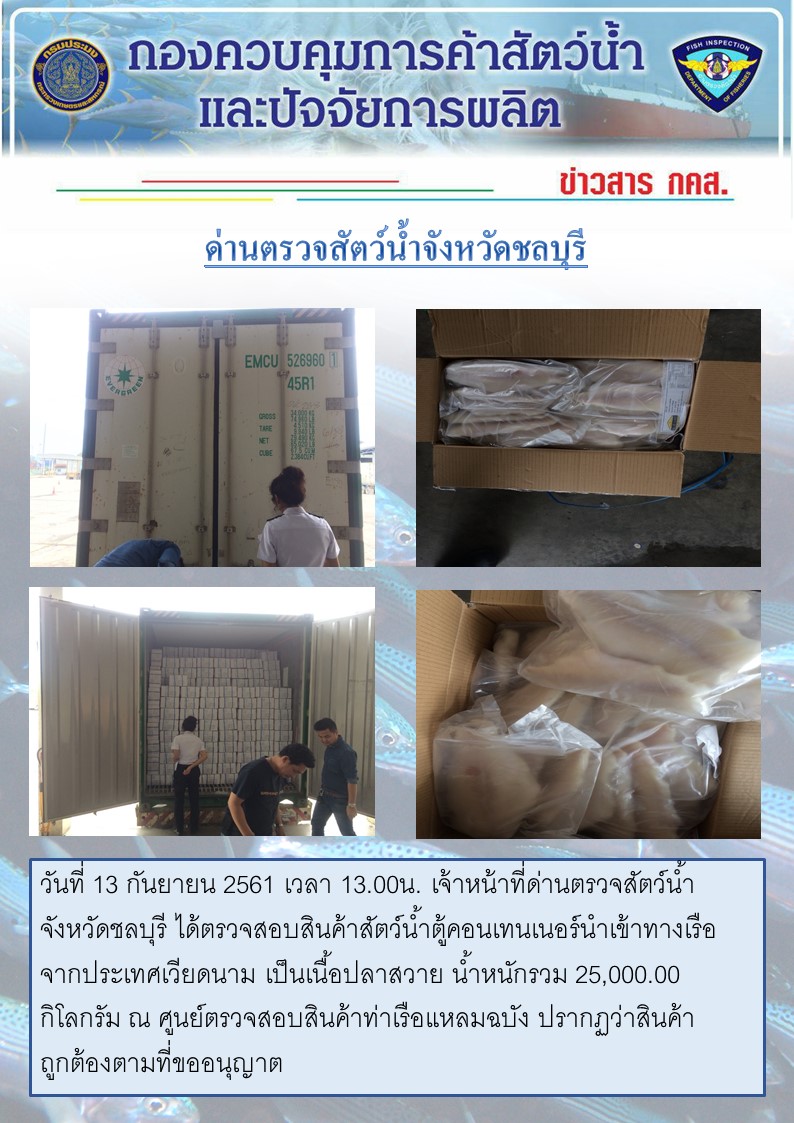 การปฏิบัติงานตรวจสอบสินค้าสัตว์น้ำตู้คอนเทรนเนอร์นำเข้าทางเรือประจำวันที่ 13 กันยายน 2561..คลิก