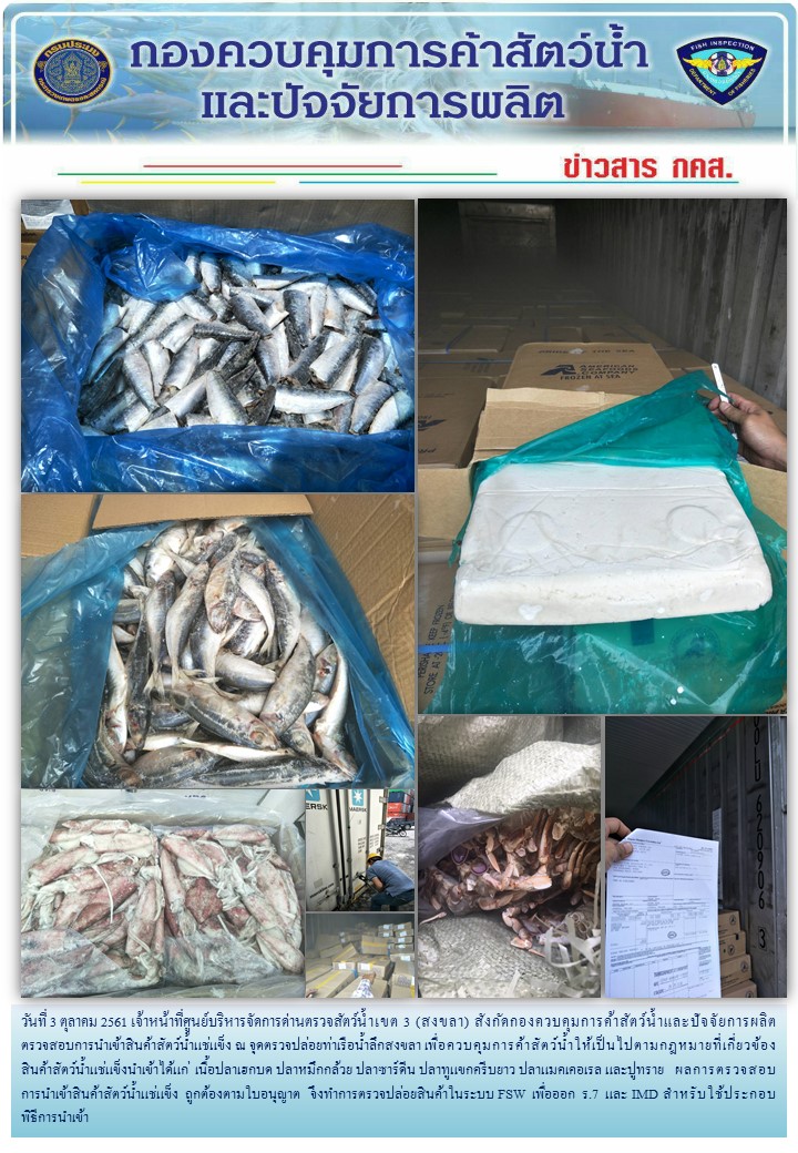 เจ้าหน้าที่ศูนย์บริหารจัดการด่านตรวจสัตว์น้ำเขต 3 (สงขลา) สังกัดกองควบคุมการค้าสัตว์น้ำและปัจจัยการผลิต ตรวจสอบการนำเข้าสินค้าสัตว์น้ำประเภทตู้คอนเทนเนอร์ ณ จุดตรวจปล่อยท่าเรือน้ำลึกสงขลา..คลิก