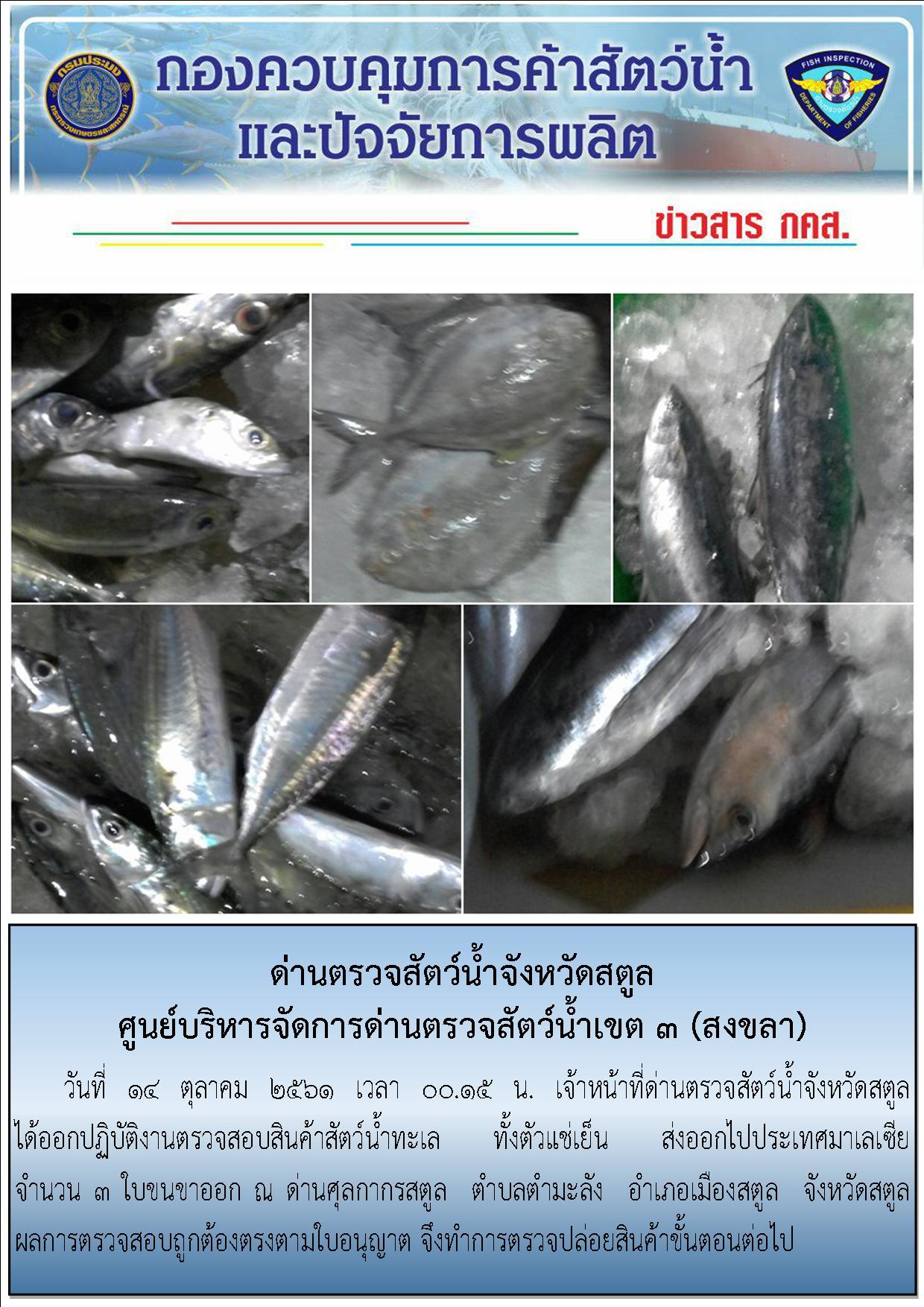 ประชาสัมพันธ์การปฏิบัติงานด่านตรวจสัตว์น้ำจังหวัดสตูล ประจำวันที่  14  ตุลาคม  2561..คลิก