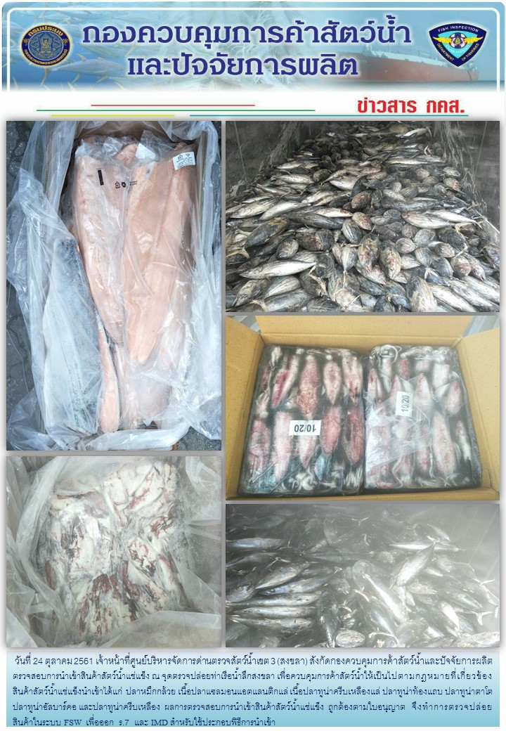 เจ้าหน้าที่ศูนย์บริหารจัดการด่านตรวจสัตว์น้ำเขต 3 (สงขลา) สังกัดกองควบคุมการค้าสัตว์น้ำและปัจจัยการผลิต ตรวจสอบการนำเข้าสินค้าสัตว์น้ำประเภทตู้คอนเทนเนอร์ ณ จุดตรวจปล่อยท่าเรือน้ำลึกสงขลา..คลิก