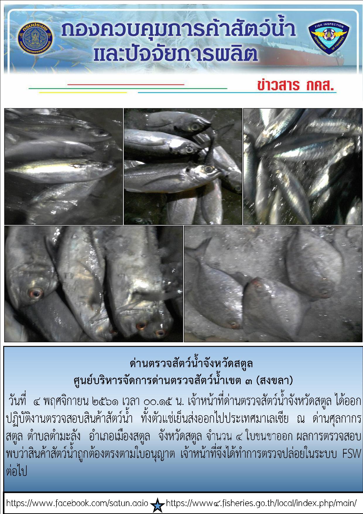 ประชาสัมพันธ์การปฏิบัติงานด่านตรวจสัตว์น้ำจังหวัดสตูล ประจำวันที่ 4 พฤศจิกายน 2561..คลิก