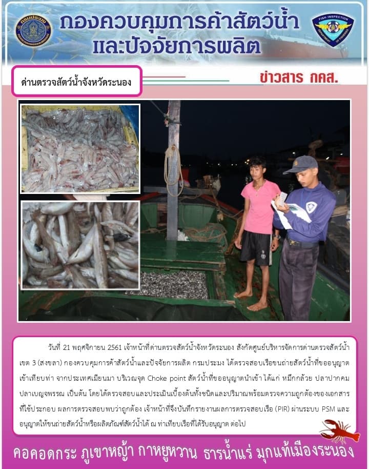 ตรวจสอบเรือขนถ่ายสัตว์น้ำนำเข้าจากประเทศ MYANMAR