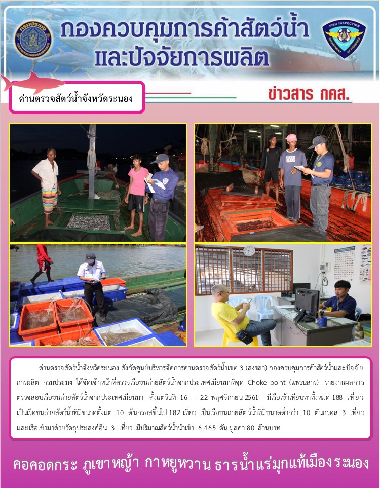 รายงานผลการตรวจเรือขนถ่ายสัตว์น้ำจากประเทศเมียนมา