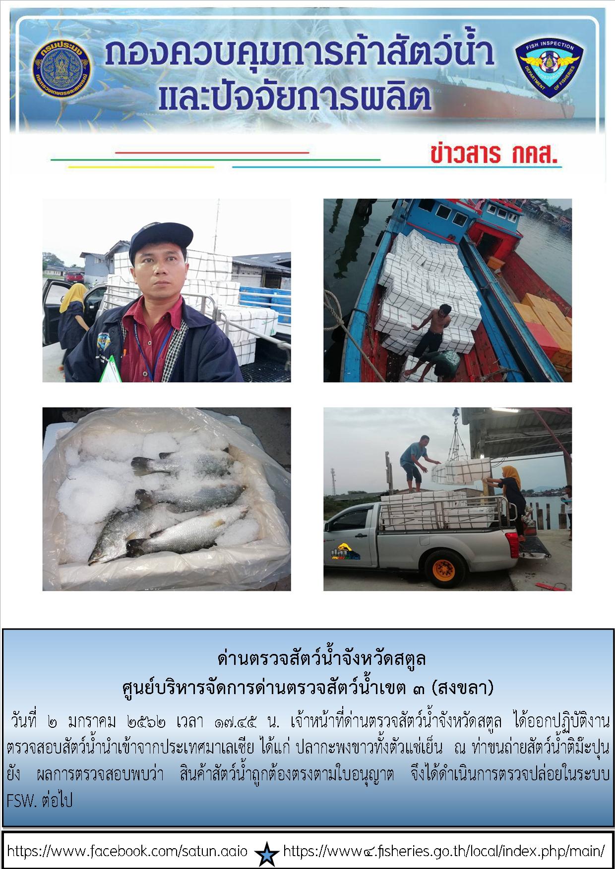 ประชาสัมพันธ์การปฏิบัติงานด่านตรวจสัตว์น้ำจังหวัดสตูล ประจำวันที่ 2 มกราคม 2562..คลิก