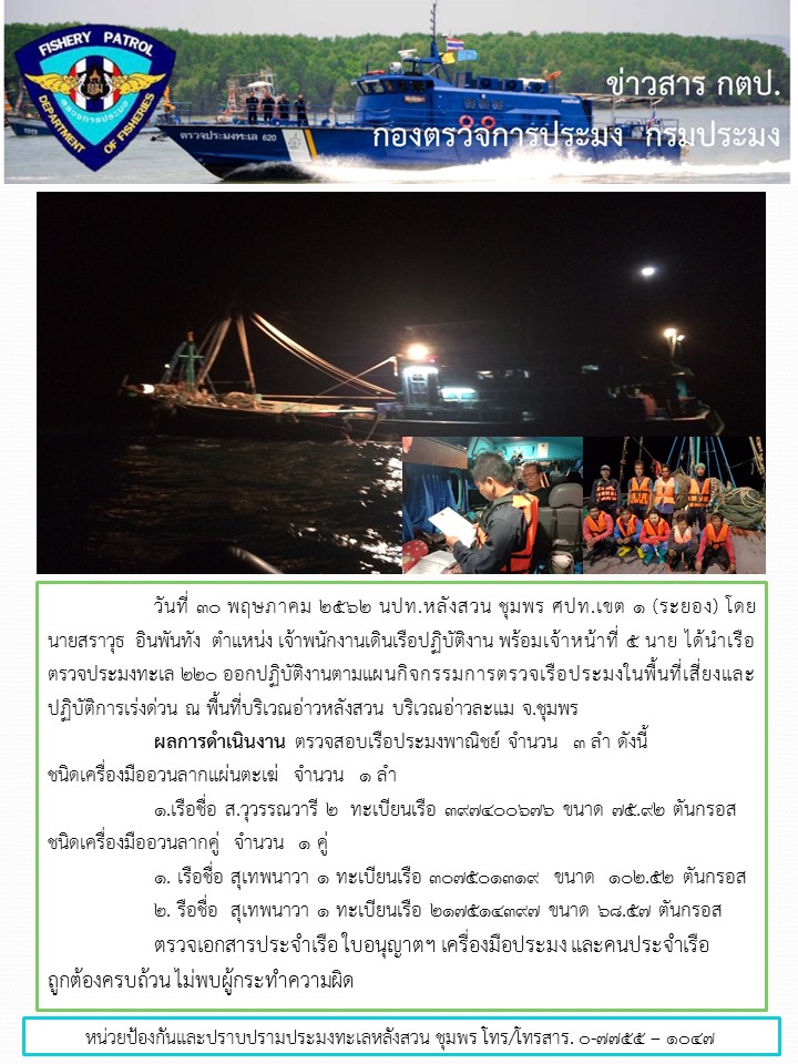 กิจกรรมการตรวจเรือประมงในพื้นที่เสี่ยงและปฏิบัติการเร่งด่วน..คลิก