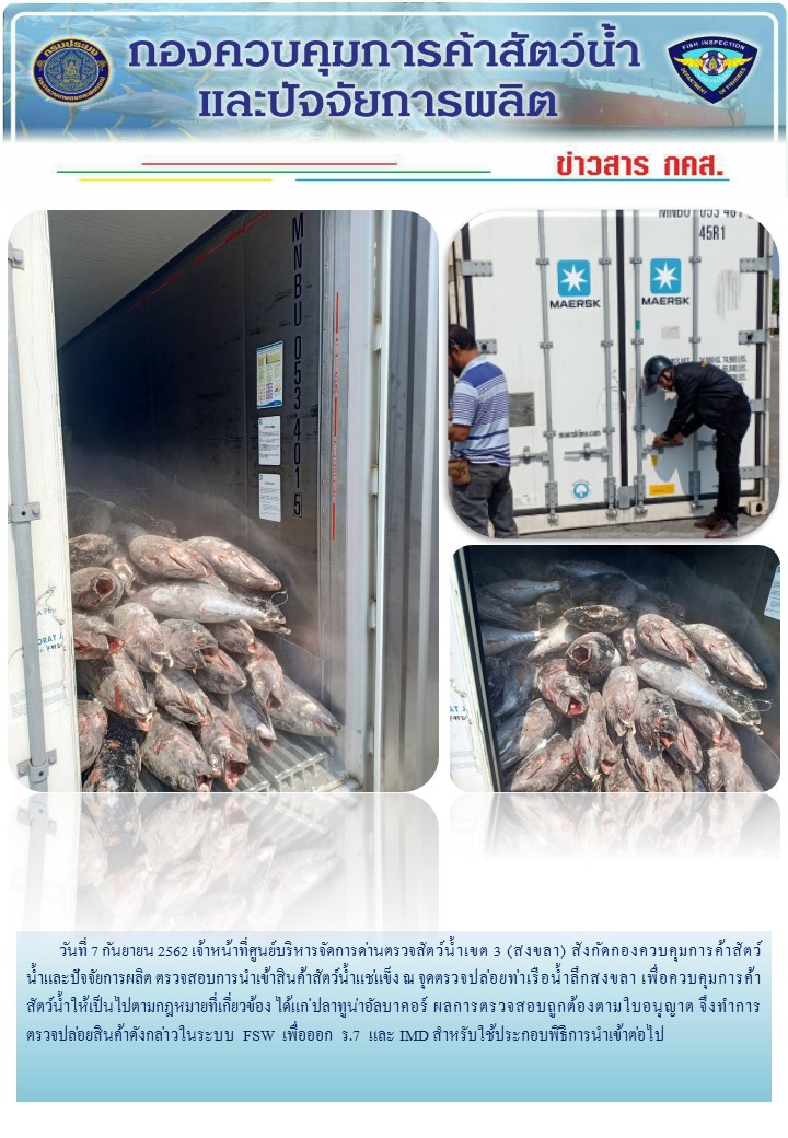เจ้าหน้าที่ศูนย์บริหารจัดการด่านตรวจสัตว์น้ำเขต 3 (สงขลา) สังกัดกองควบคุมการค้าสัตว์น้ำและปัจจัยการผลิต ตรวจสอบการนำเข้าสินค้าสัตว์น้ำประเภทตู้คอนเทนเนอร์ ณ จุดตรวจปล่อยท่าเรือน้ำลึกสงขลา..คลิก