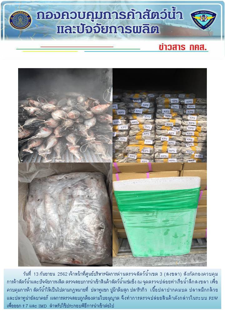 เจ้าหน้าที่ศูนย์บริหารจัดการด่านตรวจสัตว์น้ำเขต 3 (สงขลา) สังกัดกองควบคุมการค้าสัตว์น้ำและปัจจัยการผลิต ตรวจสอบการนำเข้าสินค้าสัตว์น้ำประเภทตู้คอนเทนเนอร์ ณ จุดตรวจปล่อยท่าเรือน้ำลึกสงขลา..คลิก