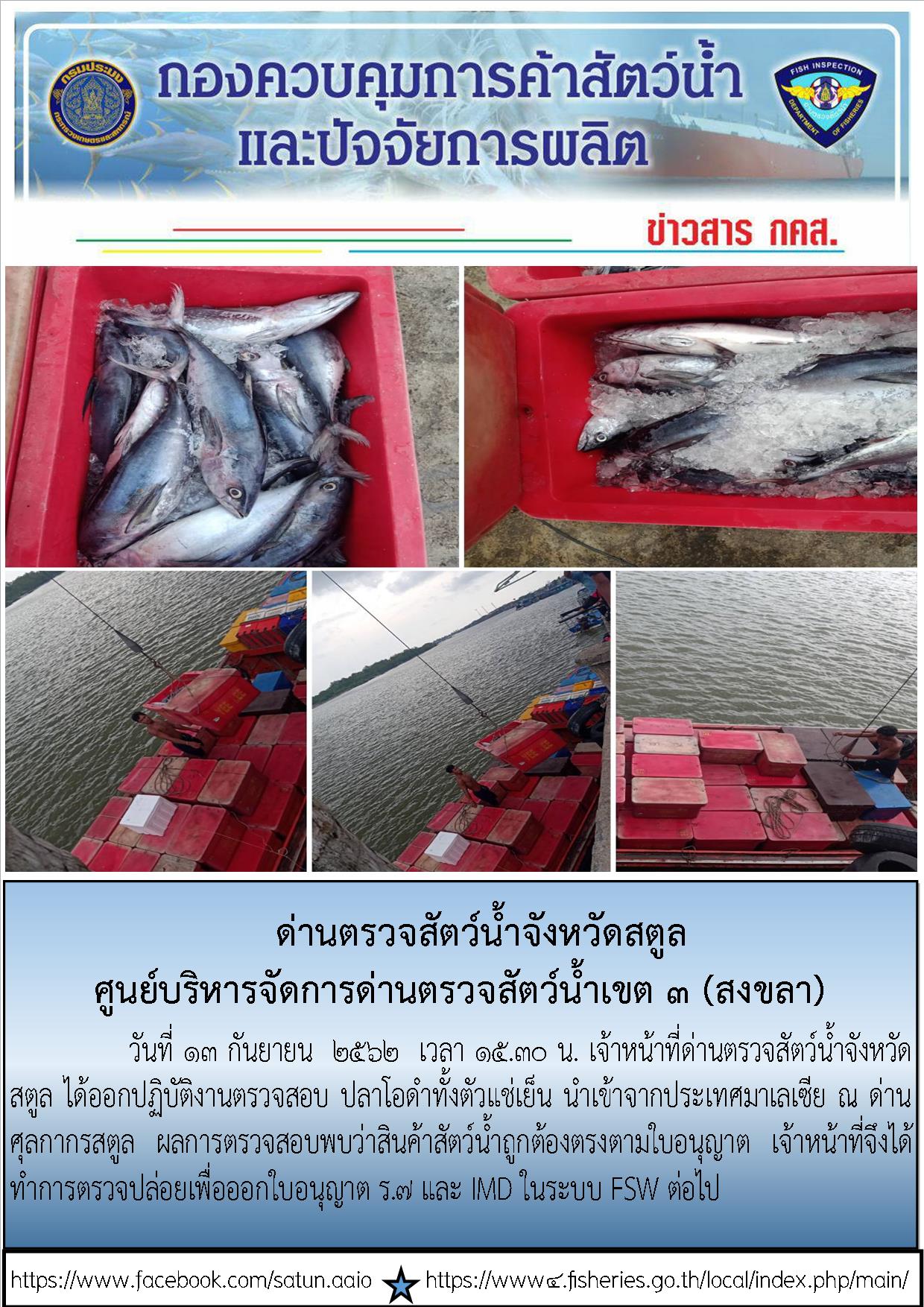 ประชาสัมพันธ์การปฏิบัติงานด่านตรวจสัตว์น้ำจังหวัดสตูล ประจำวันที่ 13 กันยายน 2562..คลิก