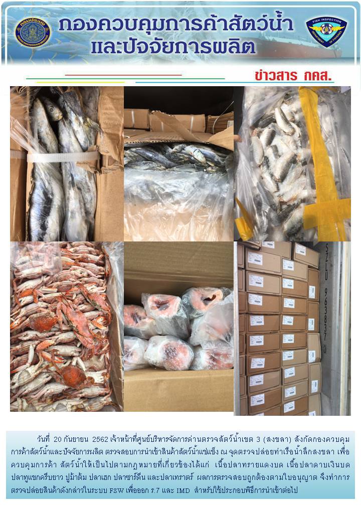 เจ้าหน้าที่ศูนย์บริหารจัดการด่านตรวจสัตว์น้ำเขต 3 (สงขลา) สังกัดกองควบคุมการค้าสัตว์น้ำและปัจจัยการผลิต ตรวจสอบการนำเข้าสินค้าสัตว์น้ำประเภทตู้คอนเทนเนอร์ ณ จุดตรวจปล่อยท่าเรือน้ำลึกสงขลา..คลิก