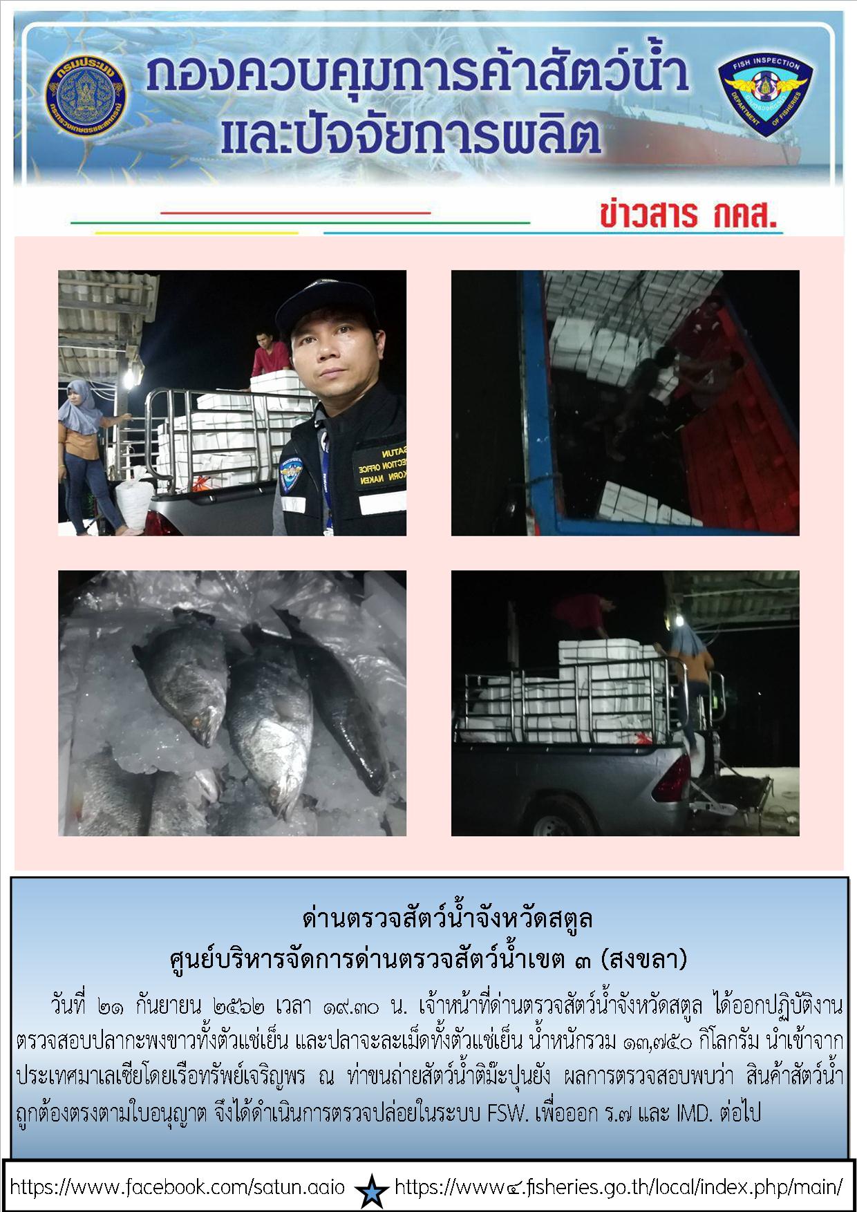 ประชาสัมพันธ์การปฏิบัติงานด่านตรวจสัตว์น้ำจังหวัดสตูล ประจำวันที่ 21 กันยายน 2562..คลิก