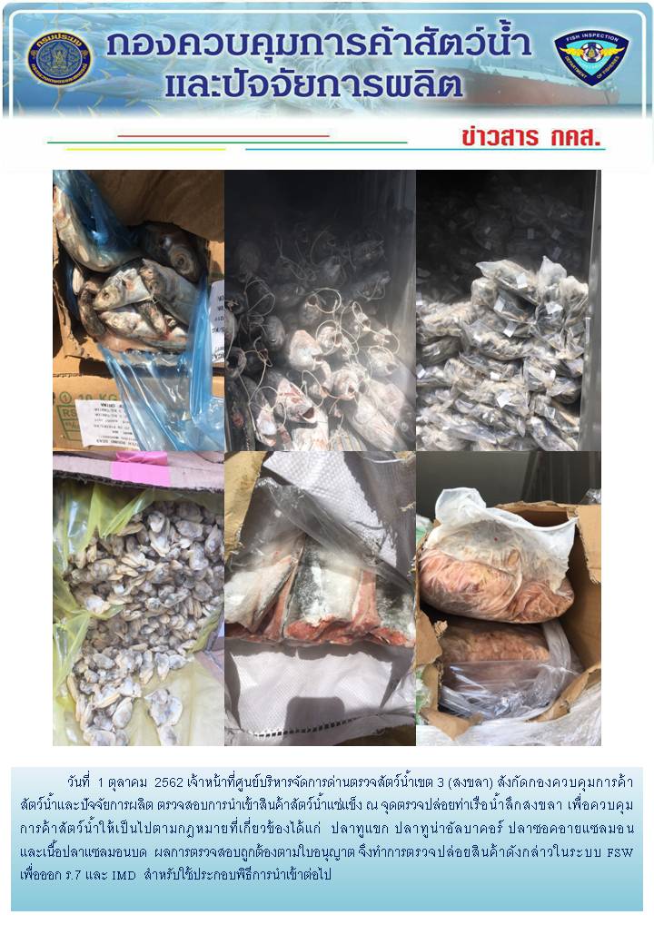 เจ้าหน้าที่ศูนย์บริหารจัดการด่านตรวจสัตว์น้ำเขต 3 (สงขลา) สังกัดกองควบคุมการค้าสัตว์น้ำและปัจจัยการผลิต ตรวจสอบการนำเข้าสินค้าสัตว์น้ำประเภทตู้คอนเทนเนอร์ ณ จุดตรวจปล่อยท่าเรือน้ำลึกสงขลา..คลิก