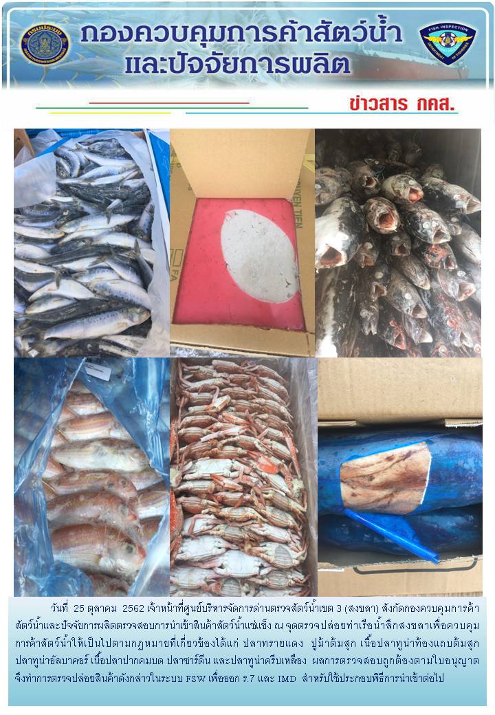 เจ้าหน้าที่ศูนย์บริหารจัดการด่านตรวจสัตว์น้ำเขต 3 (สงขลา) สังกัดกองควบคุมการค้าสัตว์น้ำและปัจจัยการผลิต ตรวจสอบการนำเข้าสินค้าสัตว์น้ำประเภทตู้คอนเทนเนอร์ ณ จุดตรวจปล่อยท่าเรือน้ำลึกสงขลา..คลิก